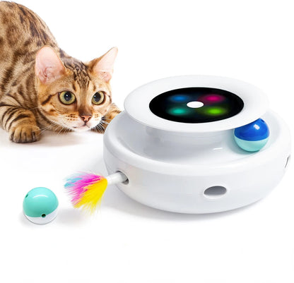 2-in-1 Rechargeable Electronic Cat Toy – Spinning Feather Teaser & Ball Track