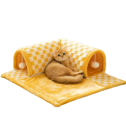 2-in-1 Checkered Cat Tunnel Bed - Cozy Play and Rest Haven