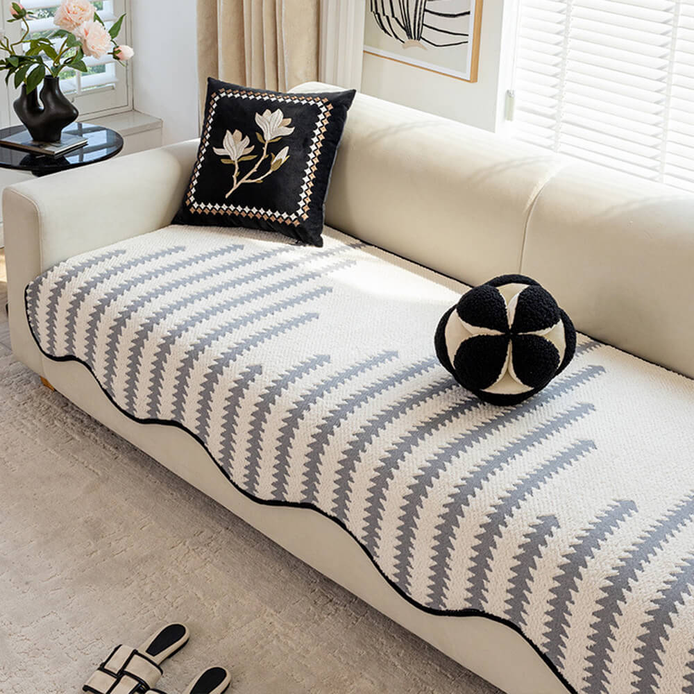 Soft Grey Plush Sofa Slipcover with Ruffled Trim
